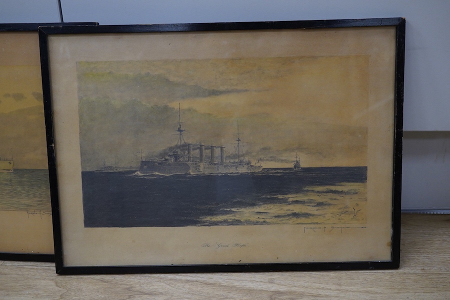 Harold H. Swayne (20th. C), maritime scenes to include ‘HMS Falcon off the Belgian Coast, 1914’, each signed, dated 1934 and inscribed, set of four pencil sketches, 28 x 40cm